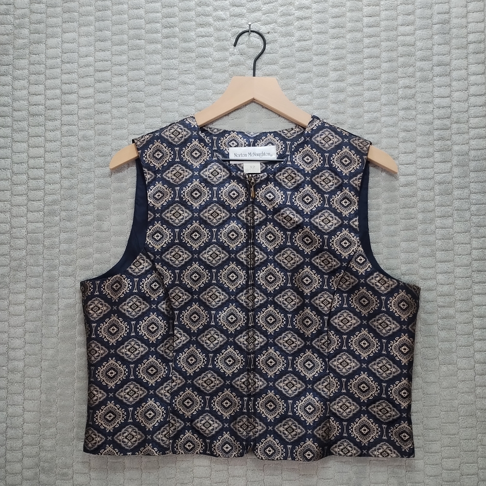 Vintage-Navy & Gold Tapestry Brocade Crop Vest/Waistcoat-Jacquard--Academia